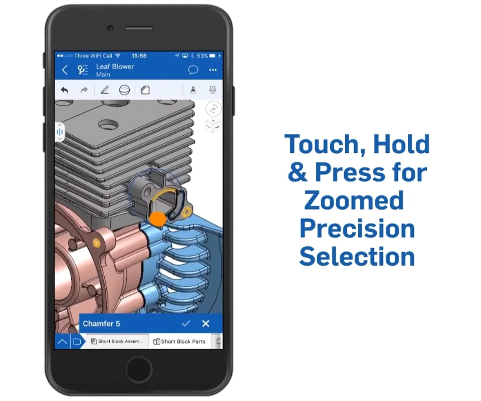 Smartphone screen with 3D CAD model and touch precision selection instructions