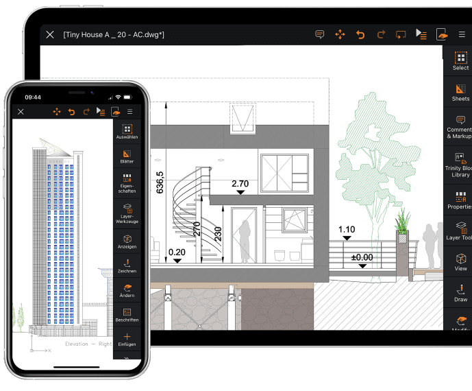 Mobile CAD app showing 2D architectural drawings on a phone interface