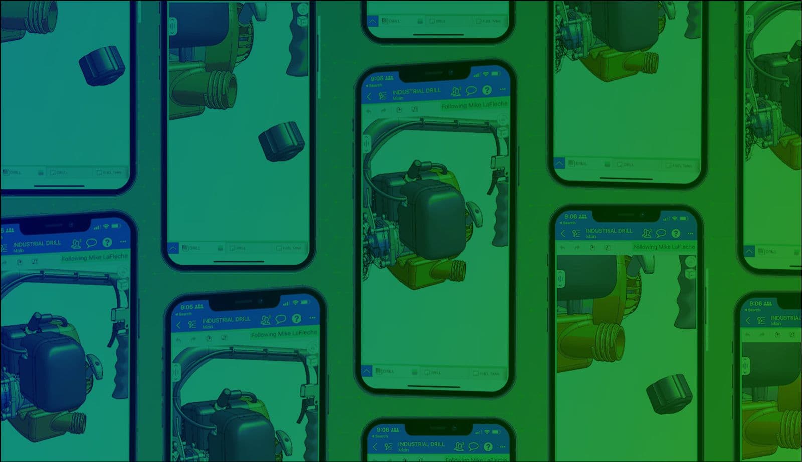 Several smartphones showing a mobile CAD interface with mechanical models