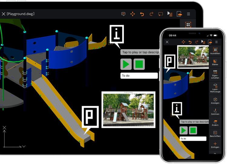 Mobile CAD screenshots on iOS and Android devices displaying a 3D model